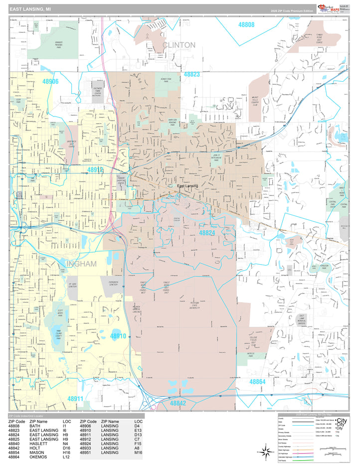 Premium Style Wall Map of East Lansing, MI