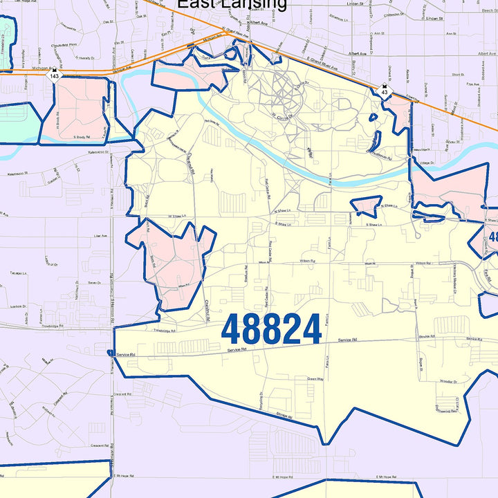 Color Cast Zip Code Style Wall Map of East Lansing, MI