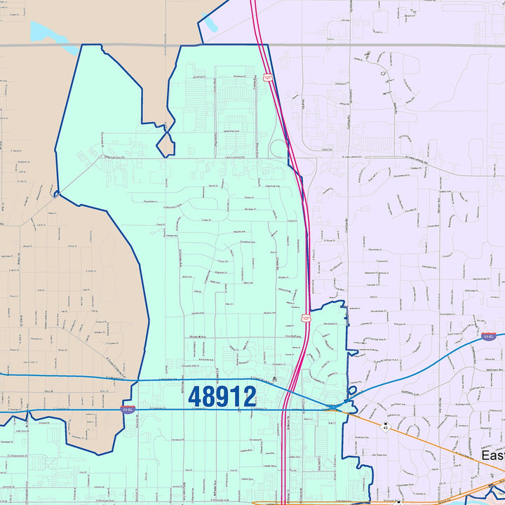 Color Cast Zip Code Style Wall Map of East Lansing, MI