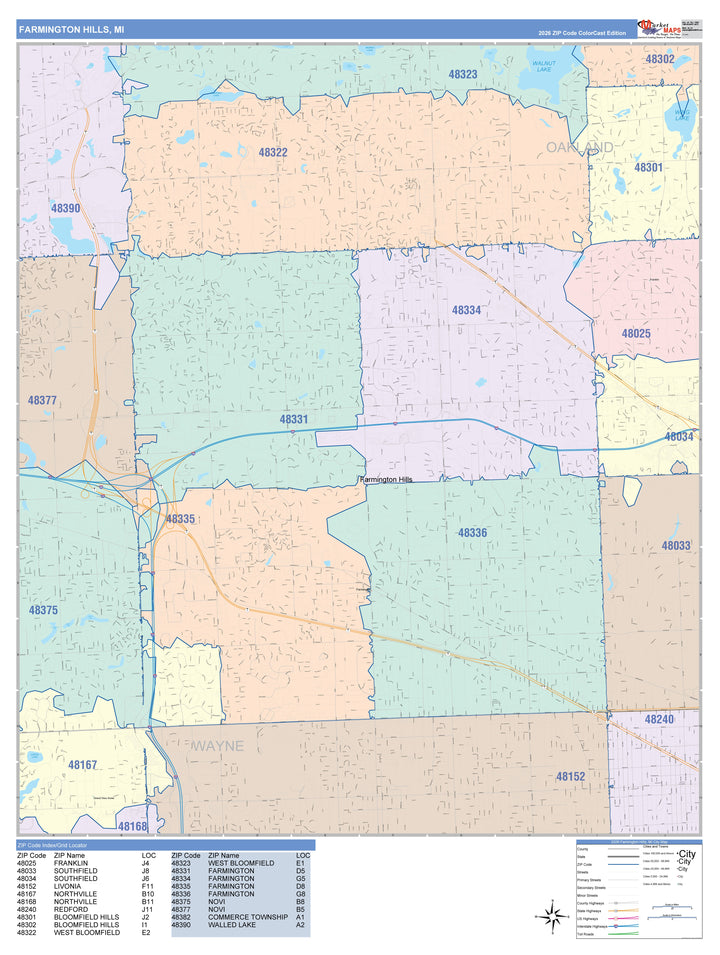 Color Cast Zip Code Style Wall Map of Farmington Hills, MI
