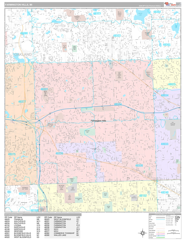 Premium Style Wall Map of Farmington Hills, MI