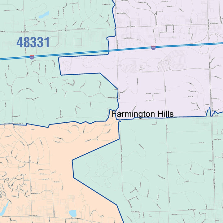 Color Cast Zip Code Style Wall Map of Farmington Hills, MI