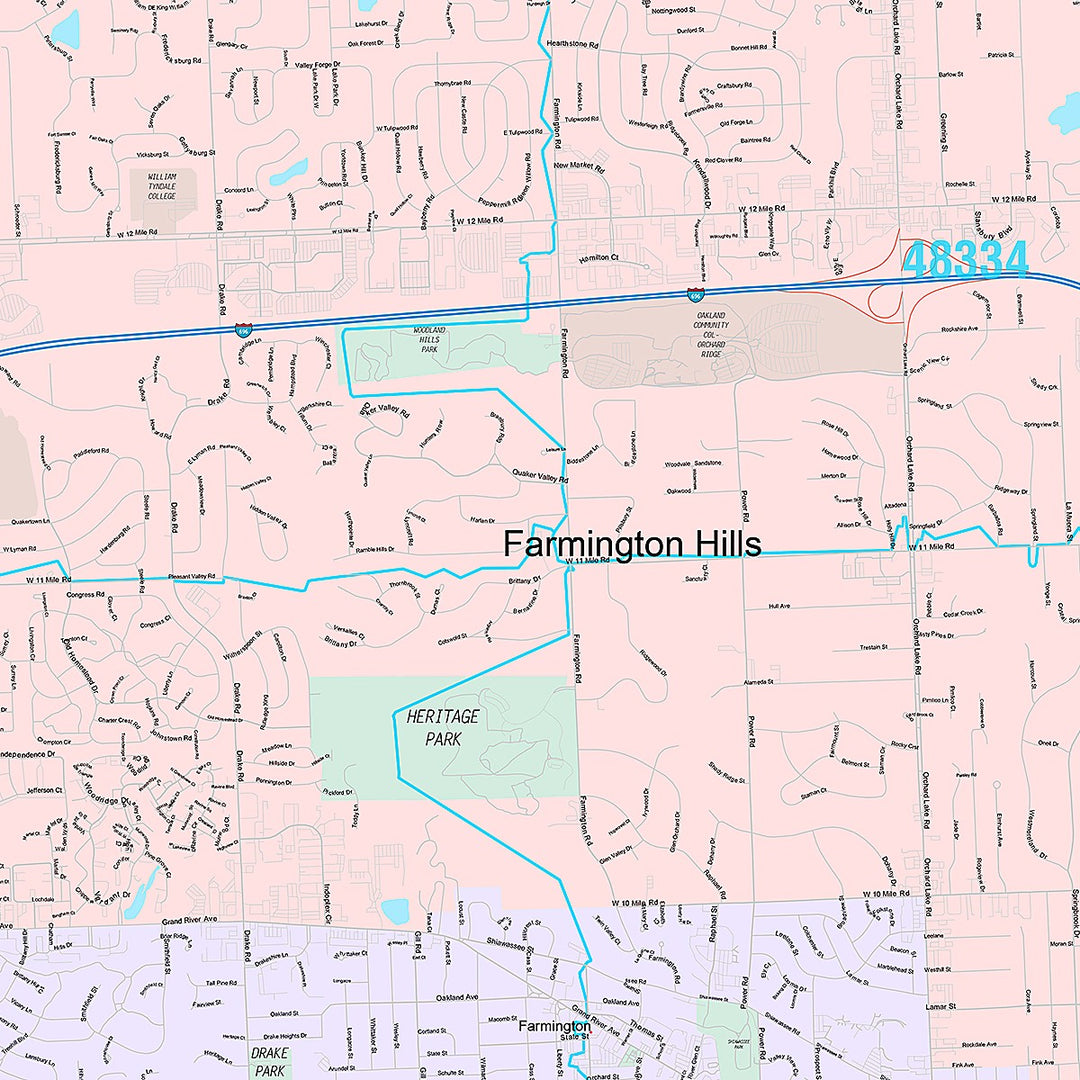 Premium Style Wall Map of Farmington Hills, MI