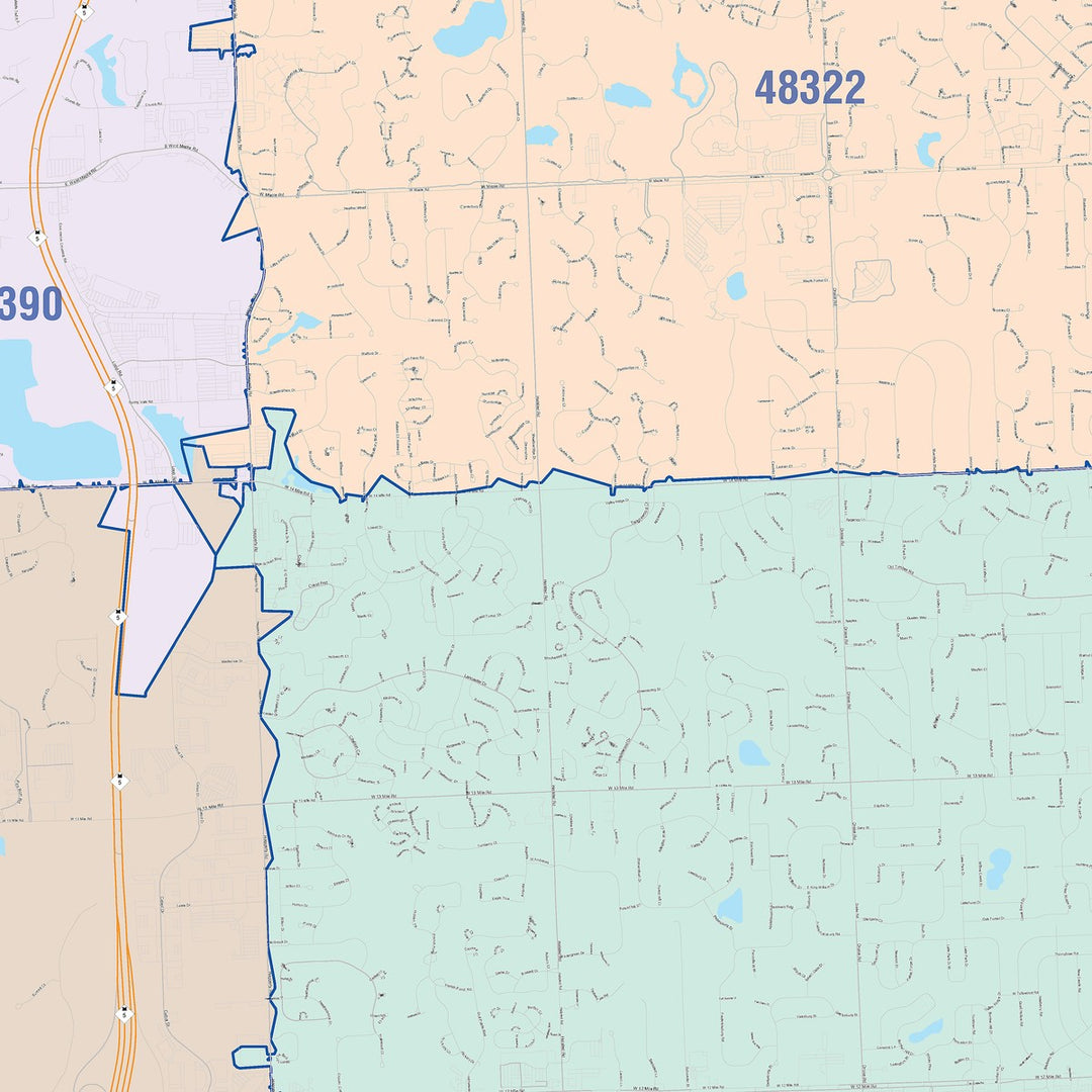Color Cast Zip Code Style Wall Map of Farmington Hills, MI
