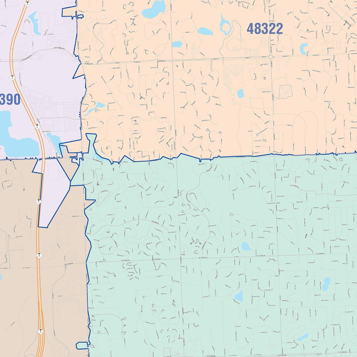 Color Cast Zip Code Style Wall Map of Farmington Hills, MI