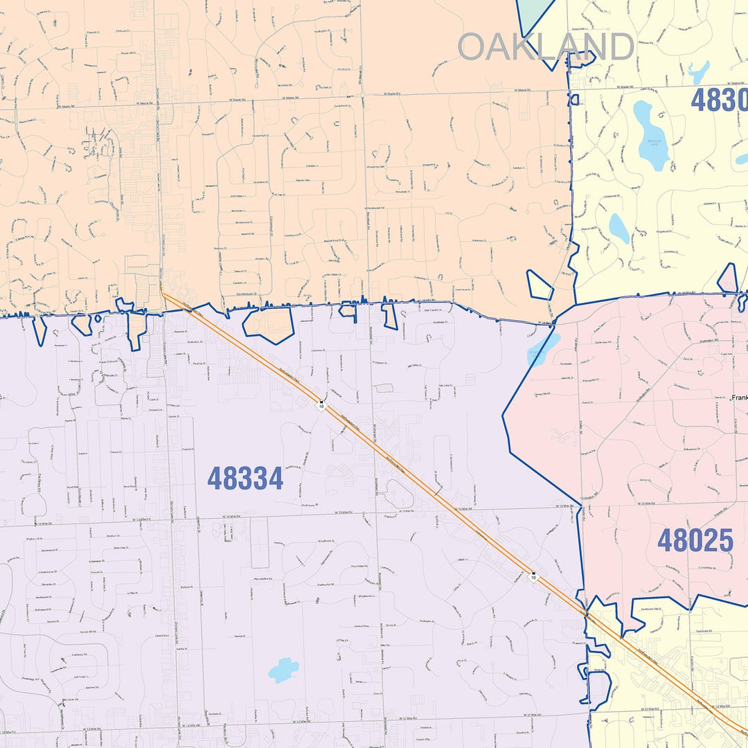 Color Cast Zip Code Style Wall Map of Farmington Hills, MI