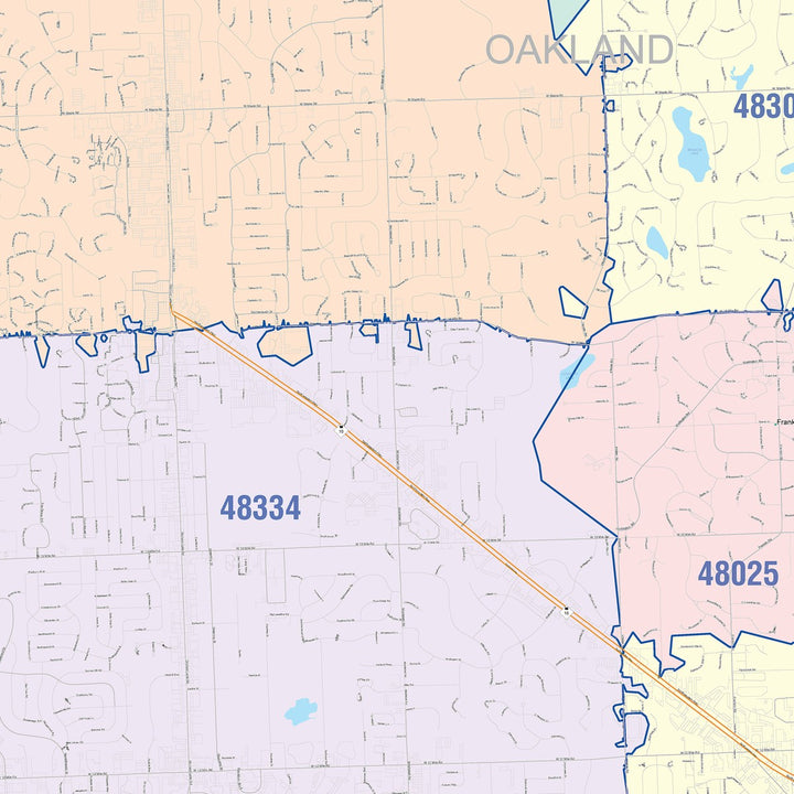 Color Cast Zip Code Style Wall Map of Farmington Hills, MI