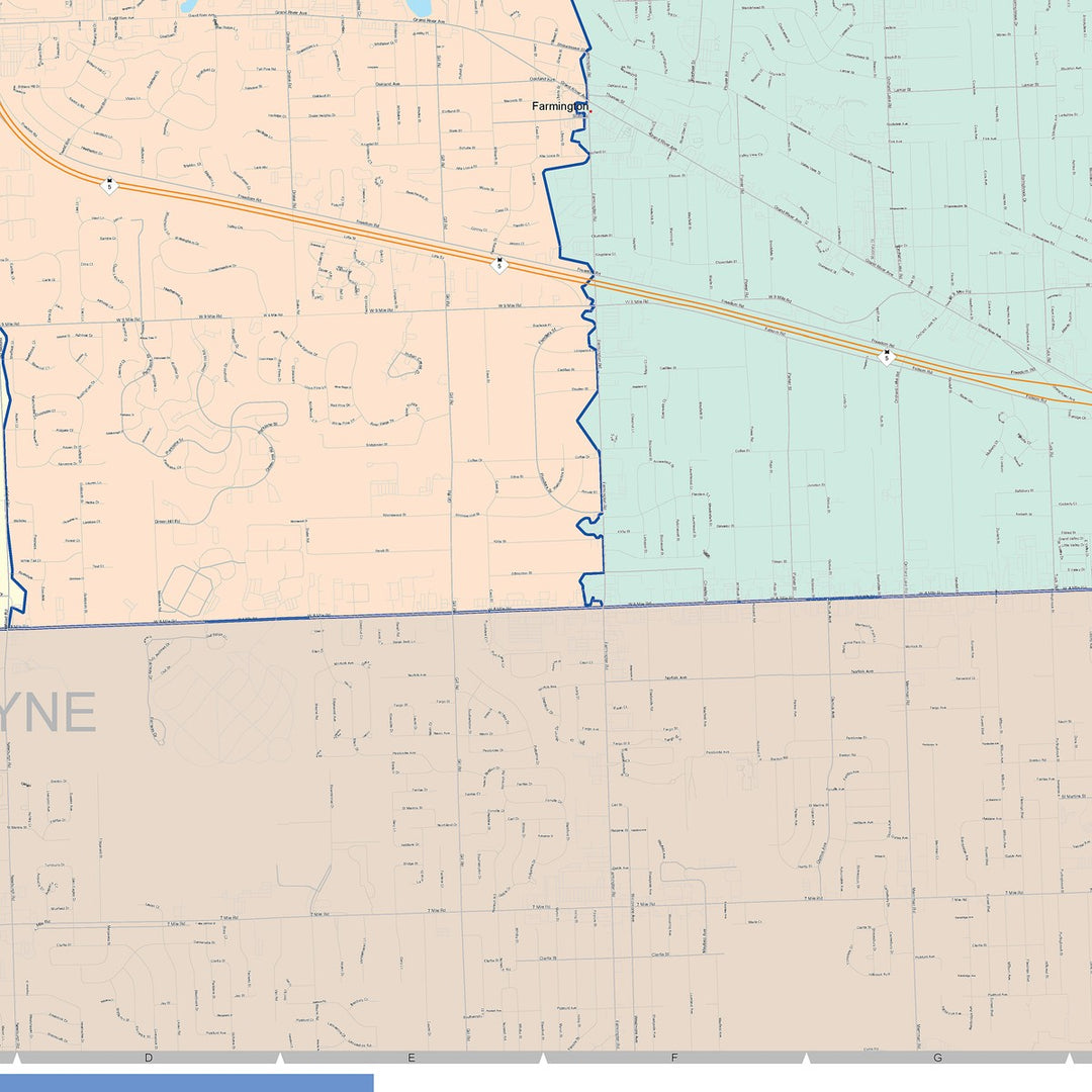Color Cast Zip Code Style Wall Map of Farmington Hills, MI