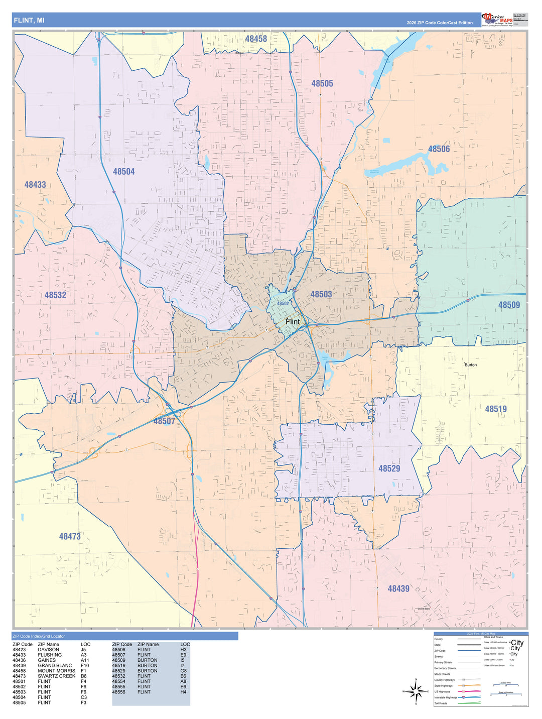 Color Cast Zip Code Style Wall Map of Flint, MI