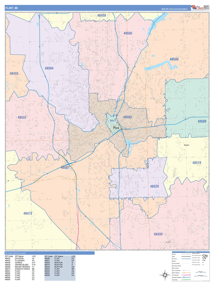 Color Cast Zip Code Style Wall Map of Flint, MI