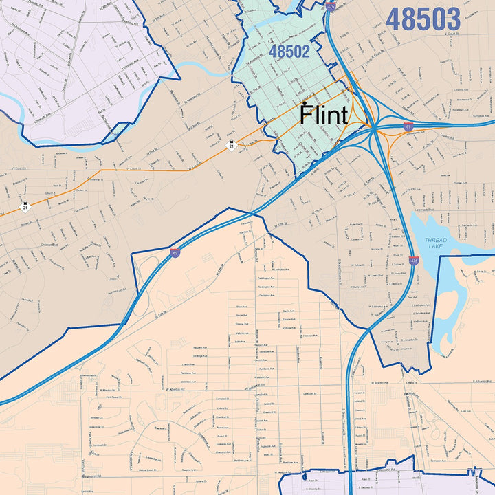 Color Cast Zip Code Style Wall Map of Flint, MI