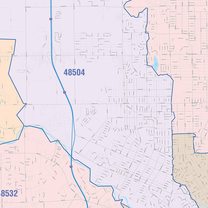 Color Cast Zip Code Style Wall Map of Flint, MI