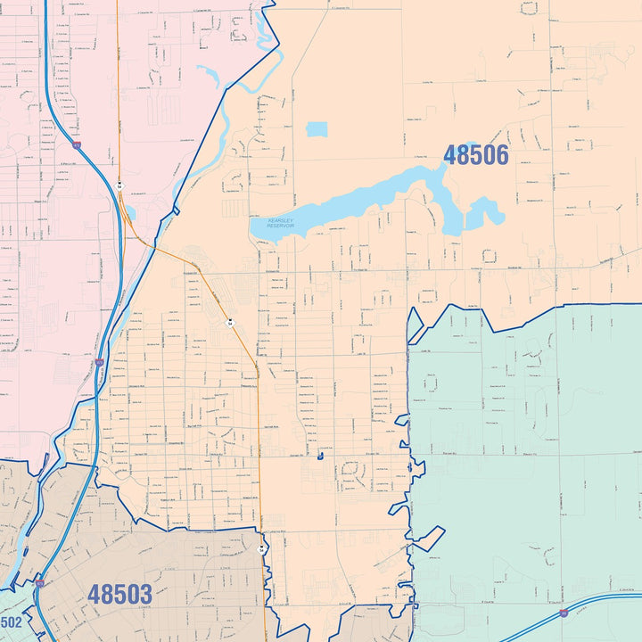 Color Cast Zip Code Style Wall Map of Flint, MI