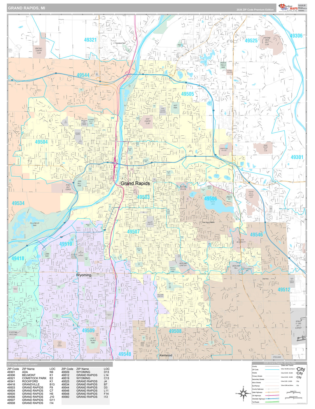 Premium Style Wall Map of Grand Rapids MI.