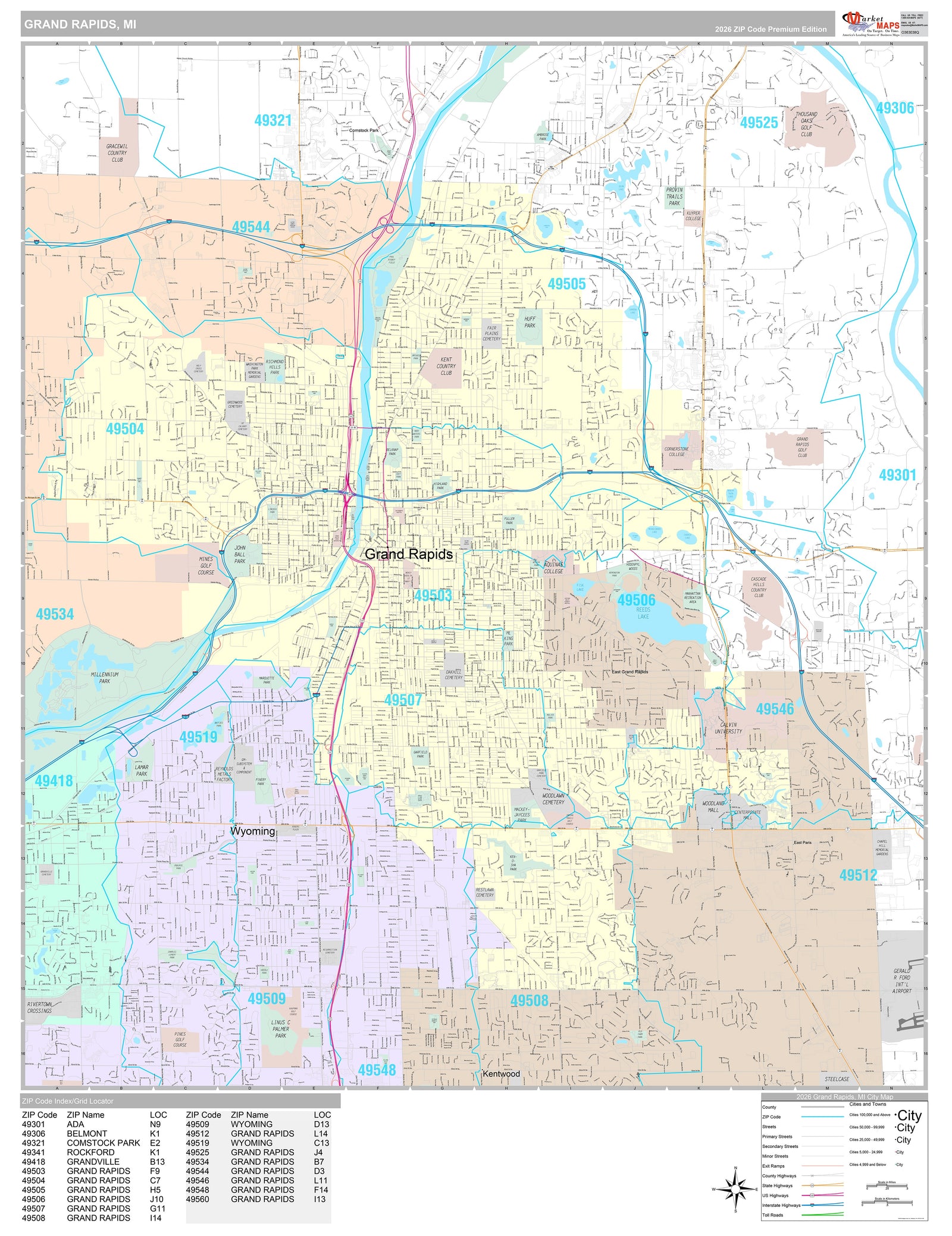 Premium Style Wall Map of Grand Rapids MI.
