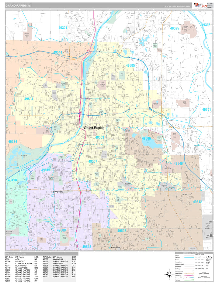 Premium Style Wall Map of Grand Rapids MI.