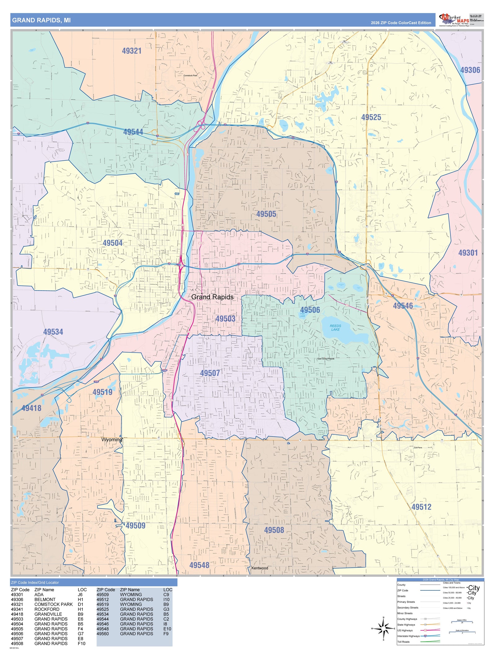 Colorcast Zip Code Style Wall Map of Grand Rapids MI