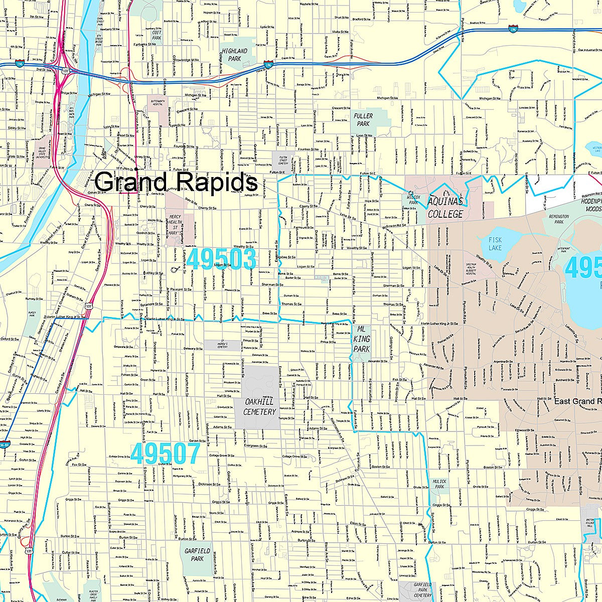 Premium Style Wall Map of Grand Rapids MI.