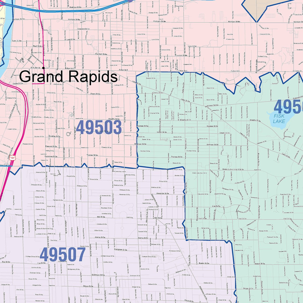Colorcast Zip Code Style Wall Map of Grand Rapids MI