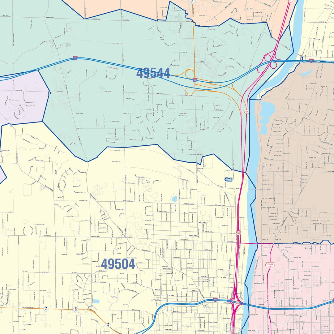 Colorcast Zip Code Style Wall Map of Grand Rapids MI