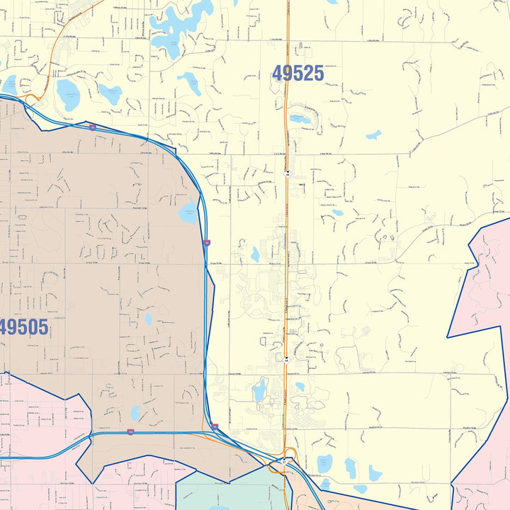 Colorcast Zip Code Style Wall Map of Grand Rapids MI