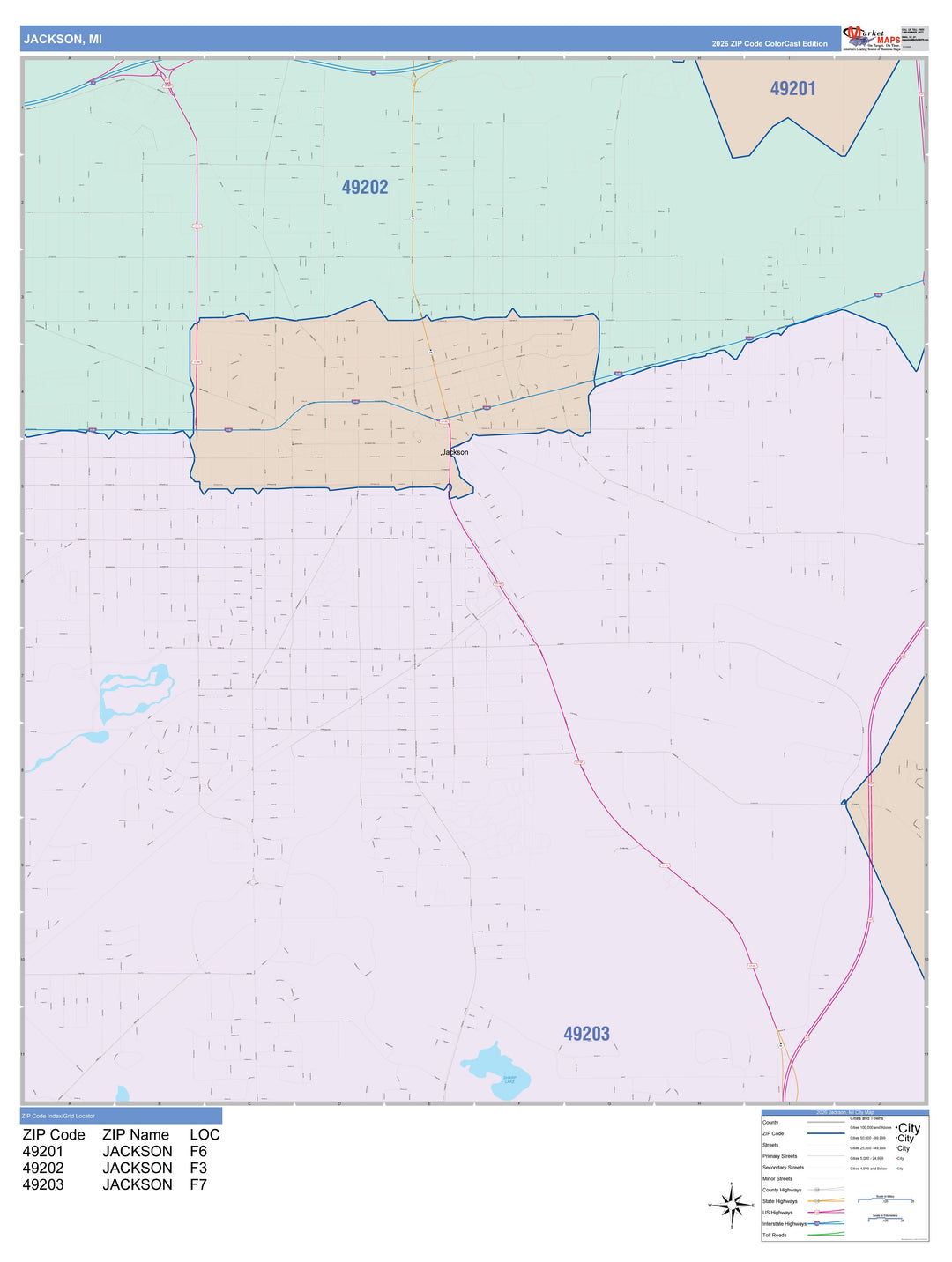 Color Cast Zip Code Style Wall Map of Jackson, MI