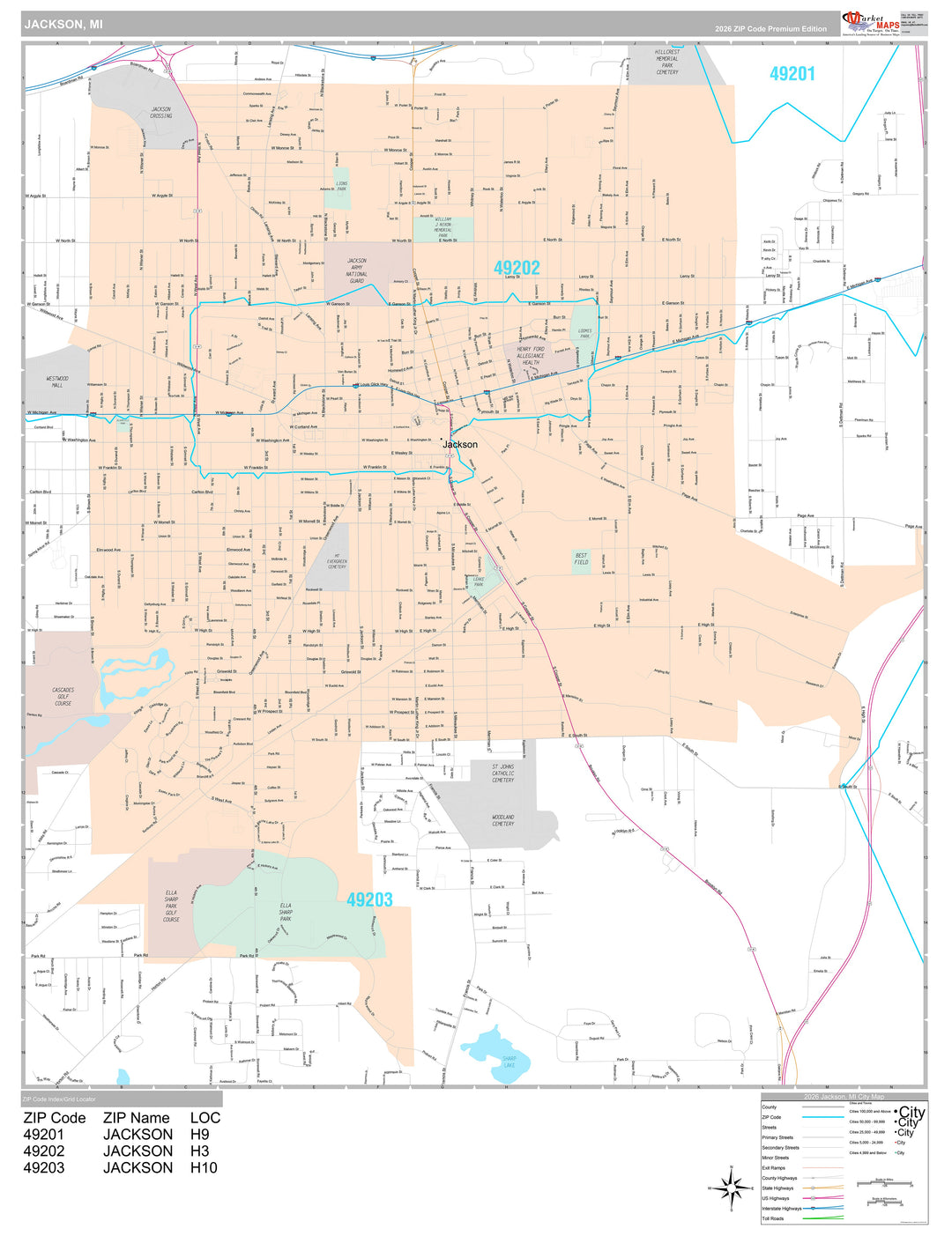Premium Style Wall Map of Jackson, MI
