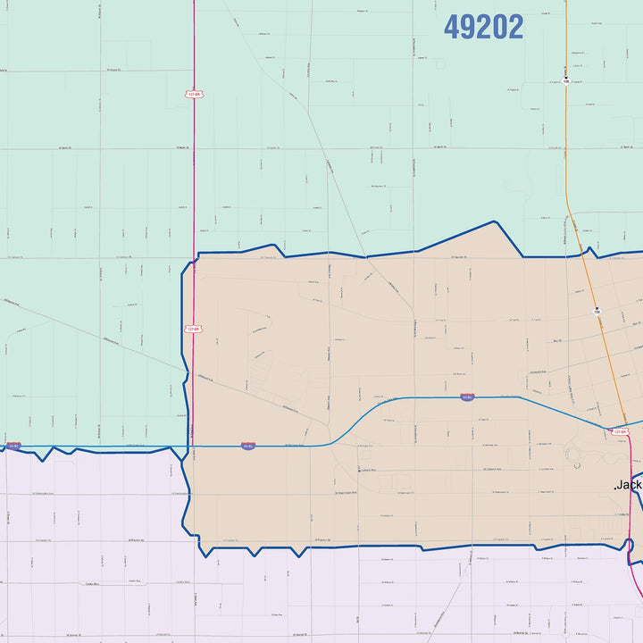 Color Cast Zip Code Style Wall Map of Jackson, MI