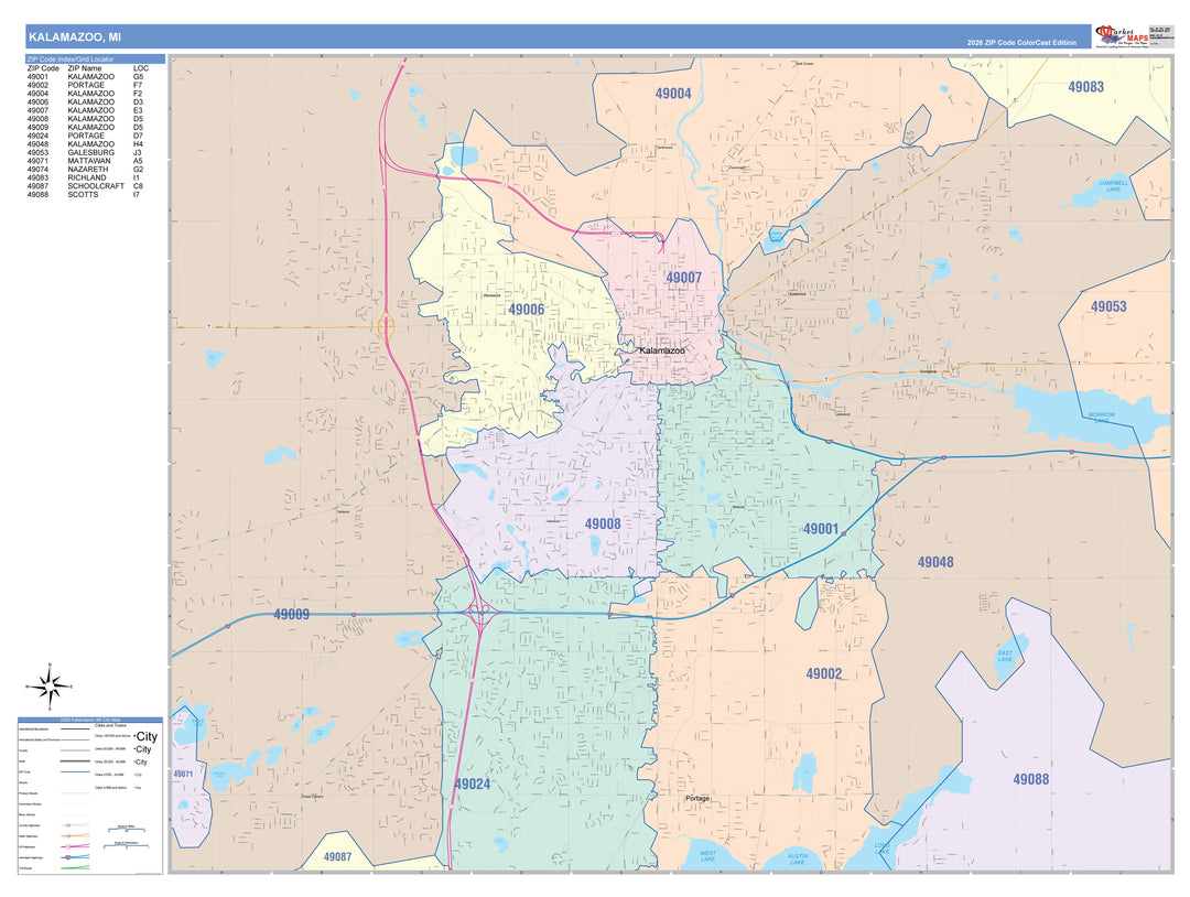 Color Cast Zip Code Style Wall Map of Kalamazoo, MI