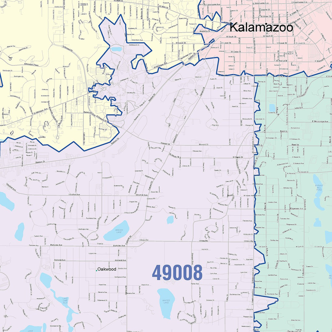 Color Cast Zip Code Style Wall Map of Kalamazoo, MI