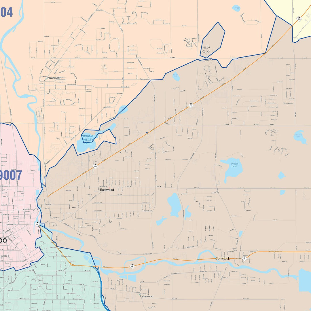 Color Cast Zip Code Style Wall Map of Kalamazoo, MI