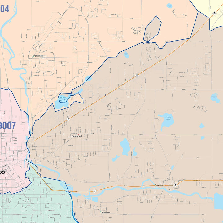 Color Cast Zip Code Style Wall Map of Kalamazoo, MI