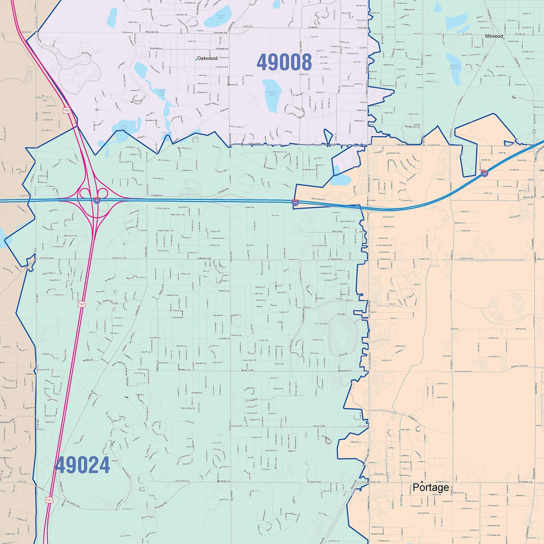 Color Cast Zip Code Style Wall Map of Kalamazoo, MI