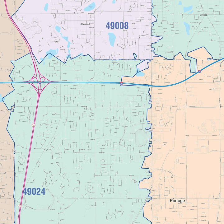 Color Cast Zip Code Style Wall Map of Kalamazoo, MI