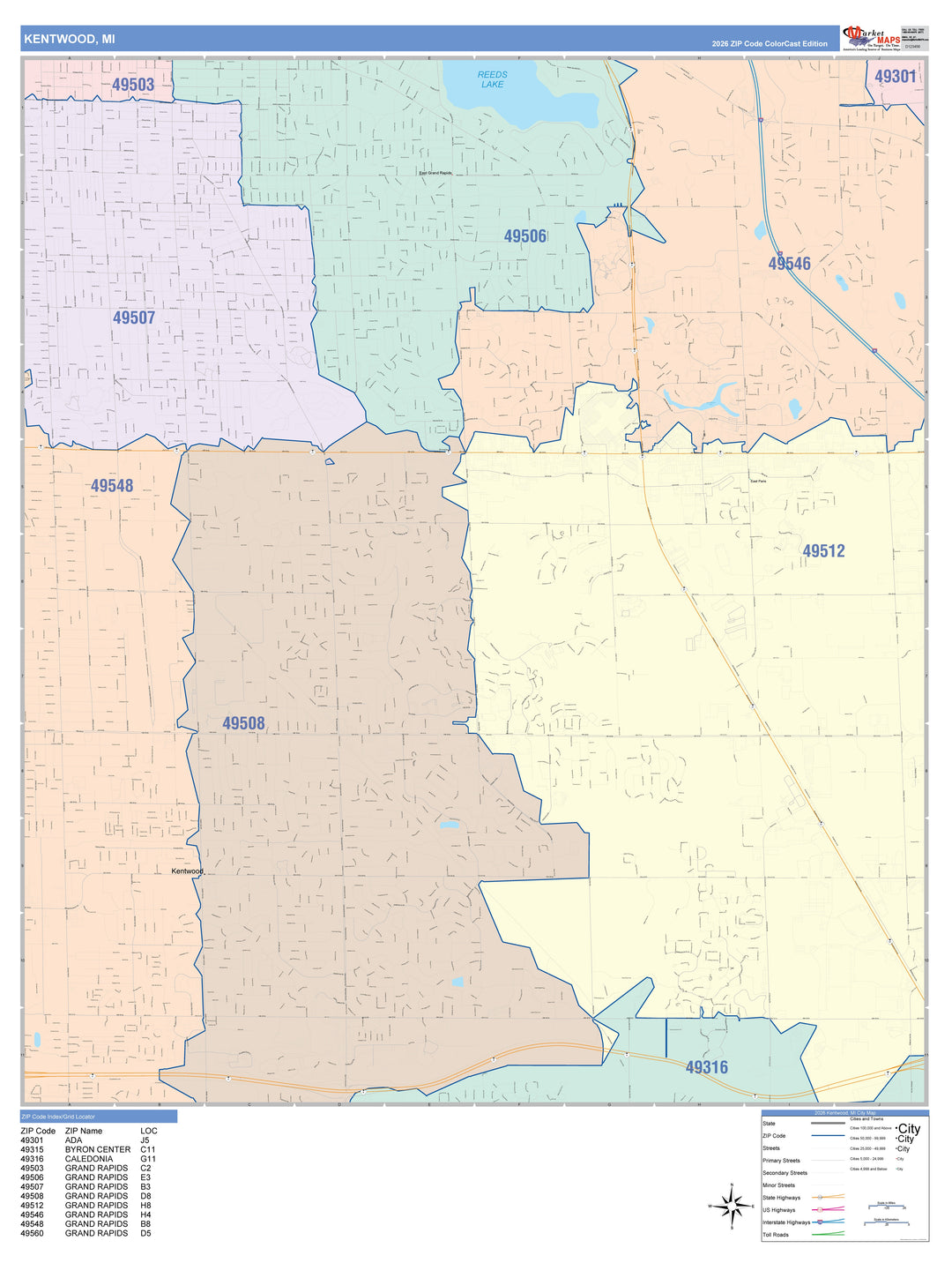 Color Cast Zip Code Style Wall Map of Kentwood, MI