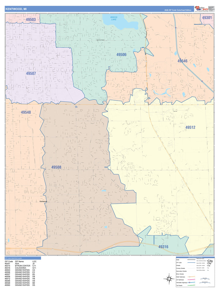 Color Cast Zip Code Style Wall Map of Kentwood, MI