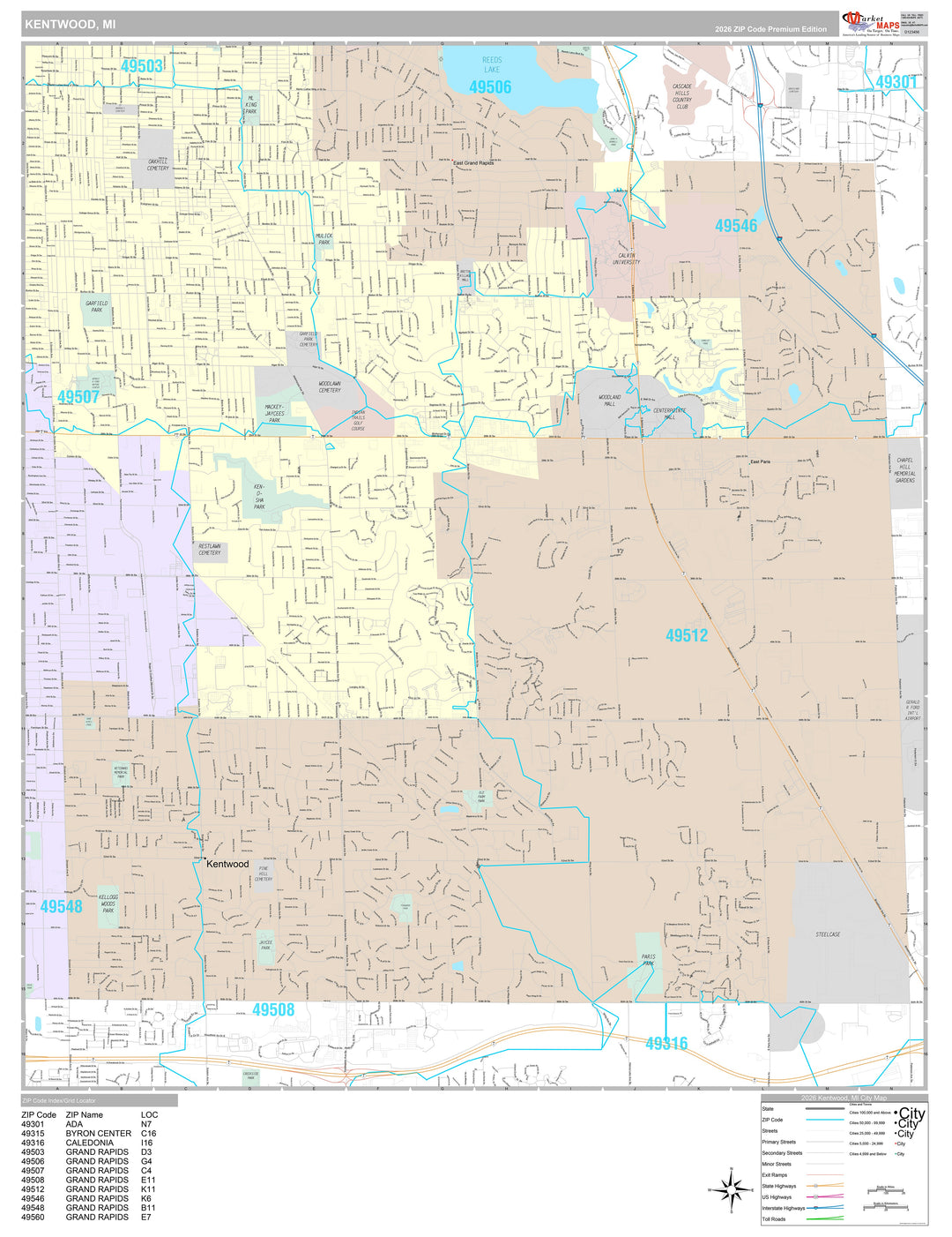 Premium Style Wall Map of Kentwood, MI