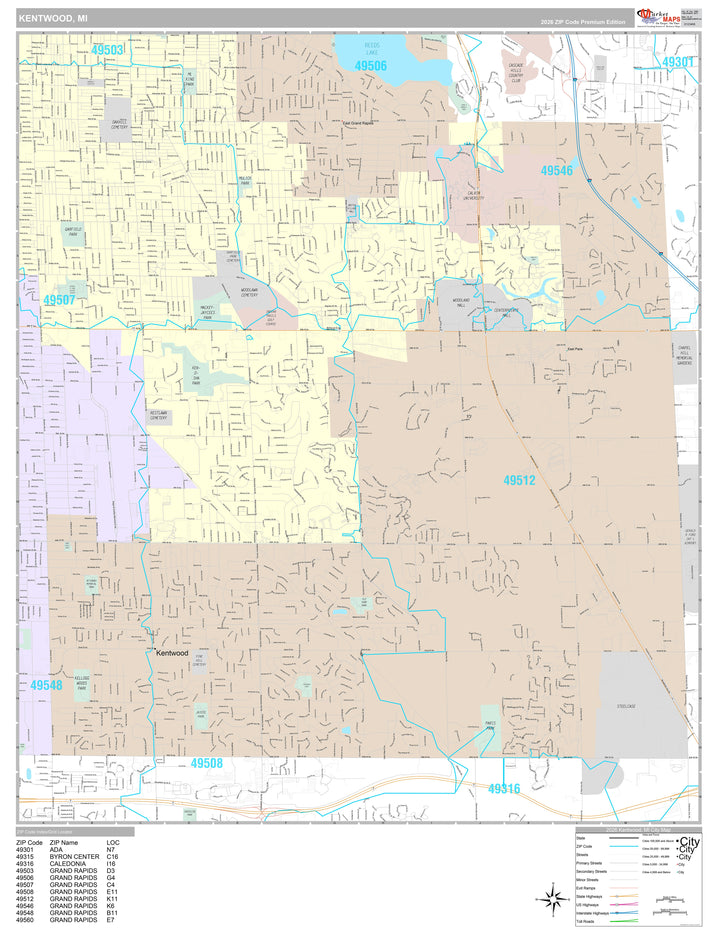 Premium Style Wall Map of Kentwood, MI