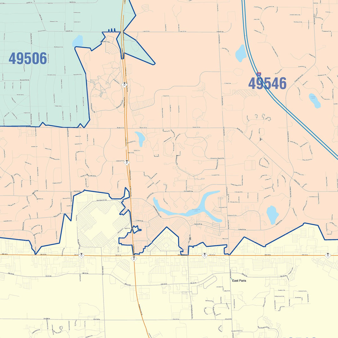 Color Cast Zip Code Style Wall Map of Kentwood, MI