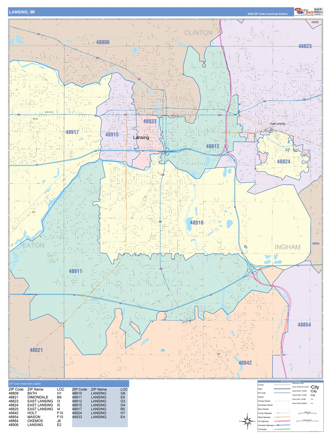 Color Cast Zip Code Style Wall Map of Lansing, MI