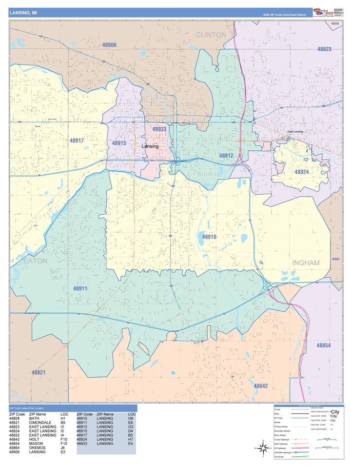 Color Cast Zip Code Style Wall Map of Lansing, MI