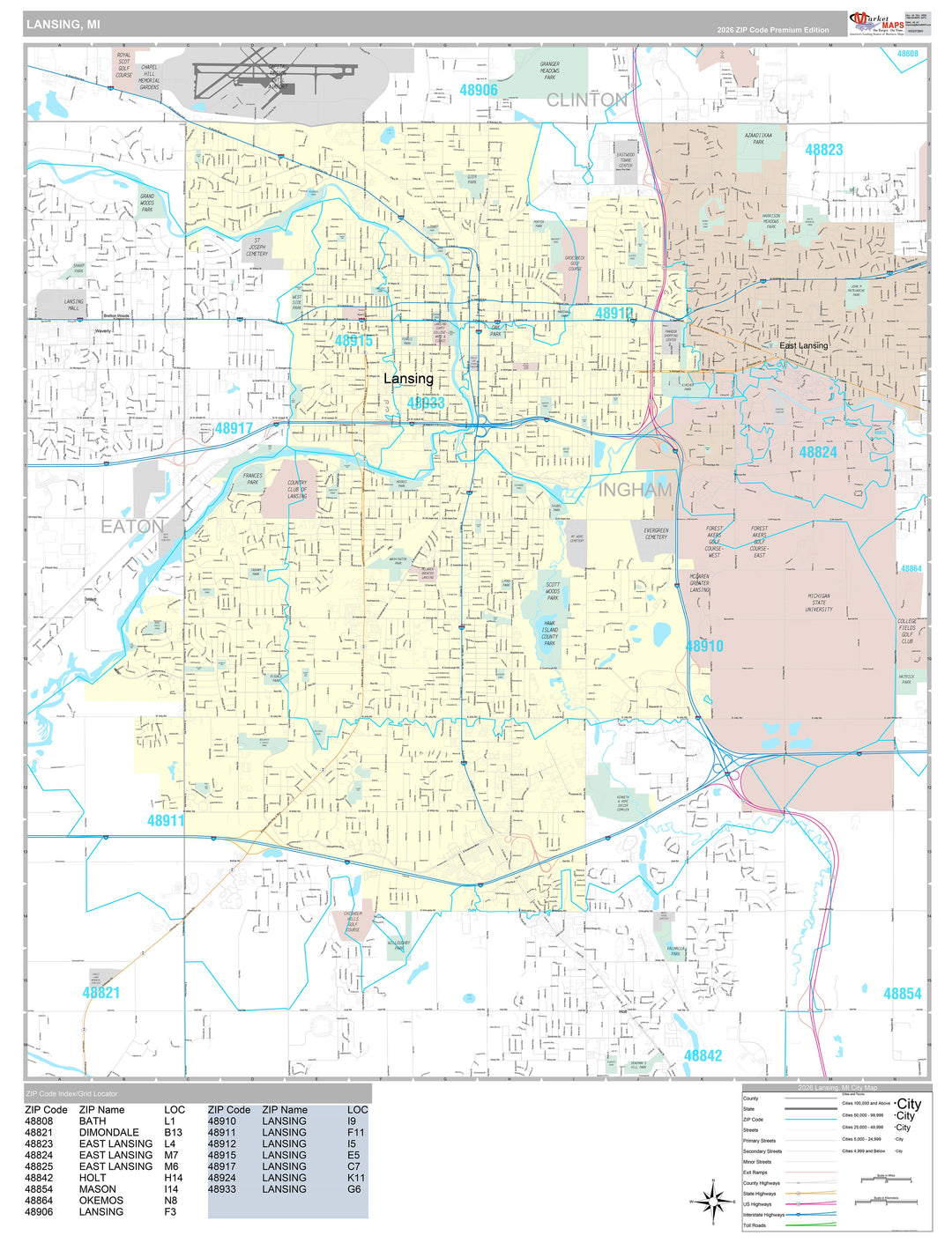 Premium Style Wall Map of Lansing, MI