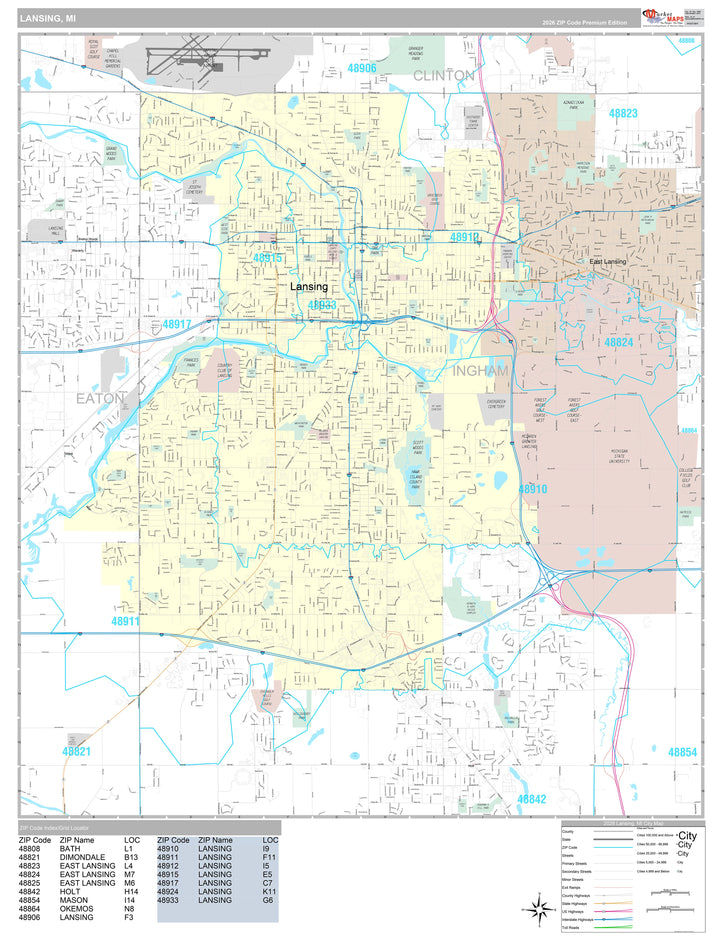 Premium Style Wall Map of Lansing, MI