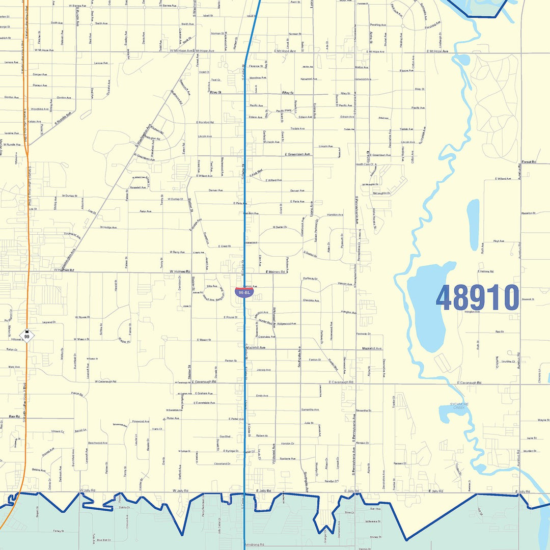 Color Cast Zip Code Style Wall Map of Lansing, MI