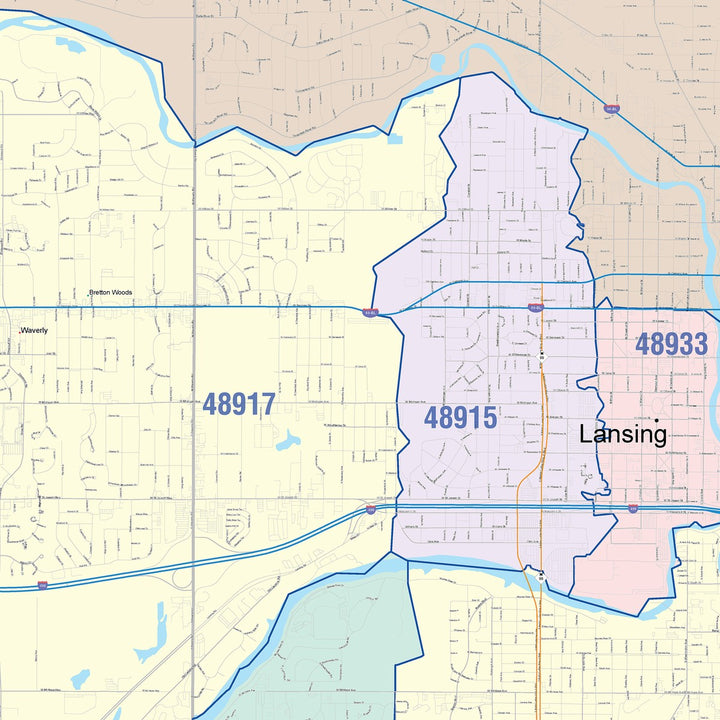 Color Cast Zip Code Style Wall Map of Lansing, MI