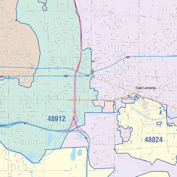 Color Cast Zip Code Style Wall Map of Lansing, MI