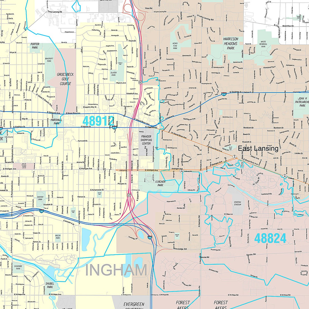 Premium Style Wall Map of Lansing, MI
