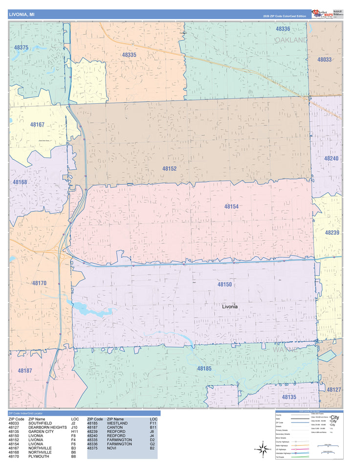 Color Cast Zip Code Style Wall Map of Livonia, MI