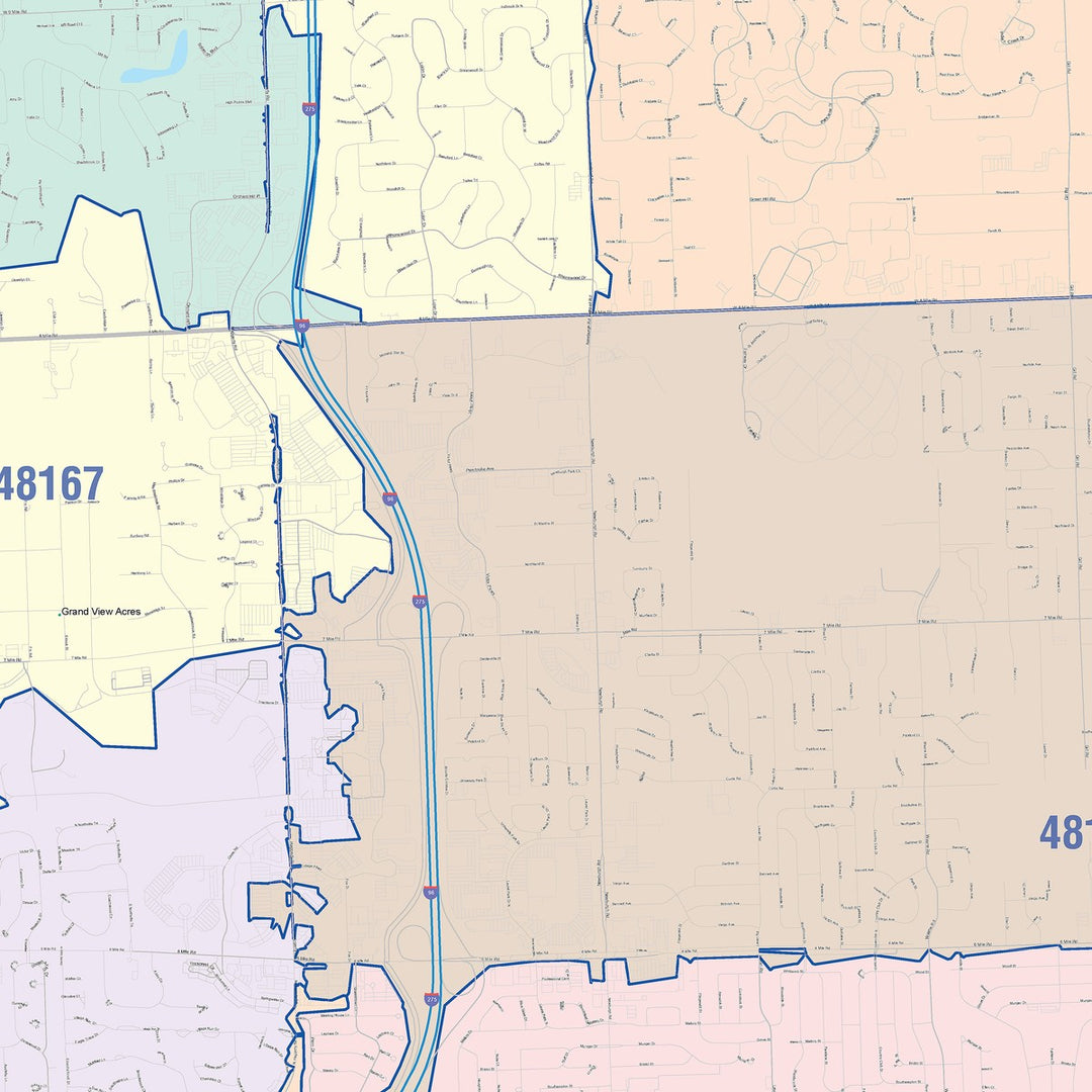 Color Cast Zip Code Style Wall Map of Livonia, MI