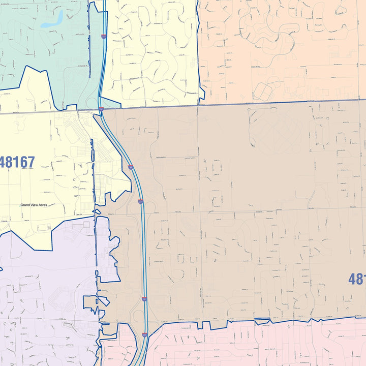 Color Cast Zip Code Style Wall Map of Livonia, MI